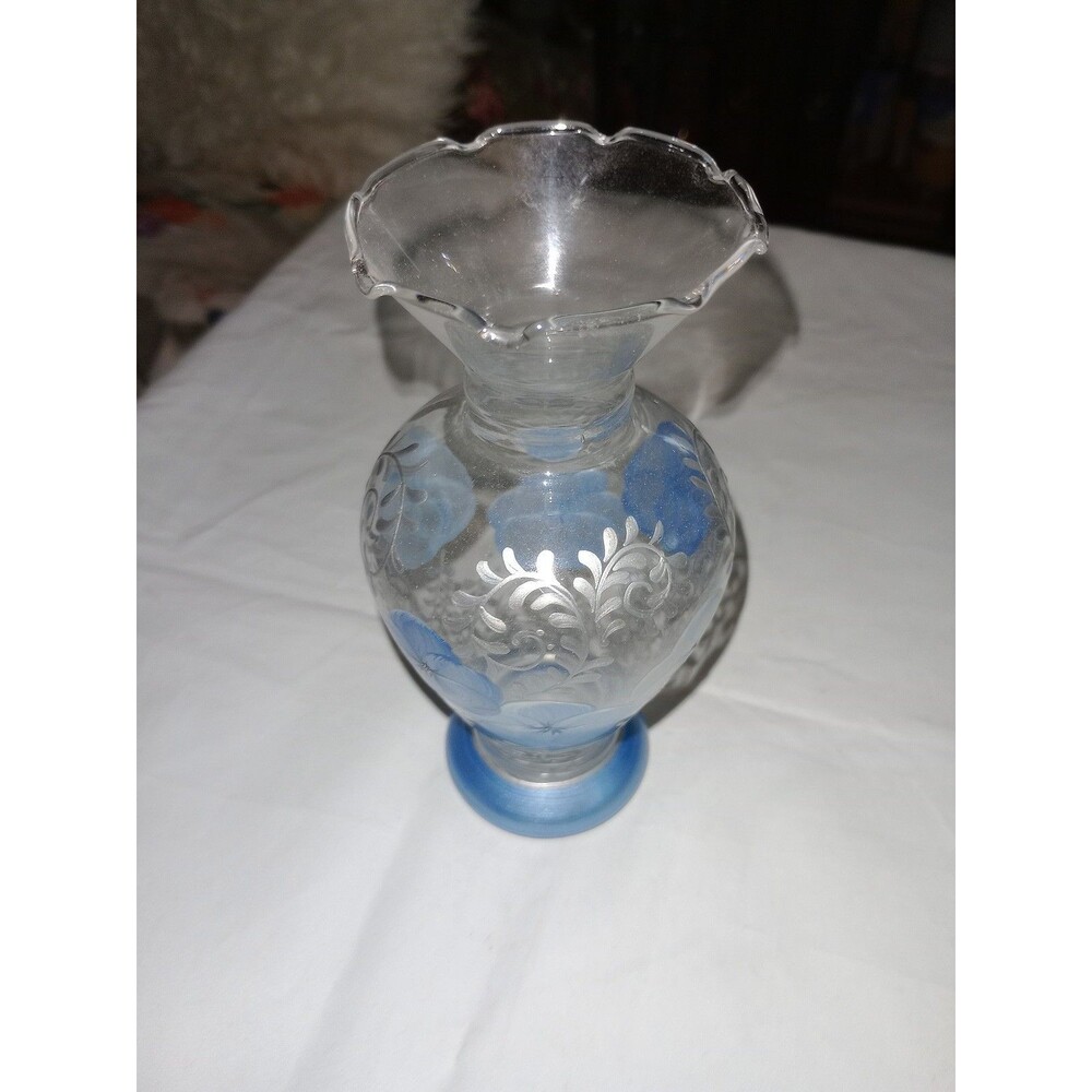 Madiggan Australia Hand Painted Blue Floral Etched Glass Decorative Bud Vase